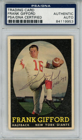 Frank Gifford Autographed 1958 Topps #73 Trading Card HOF PSA Slab 43614