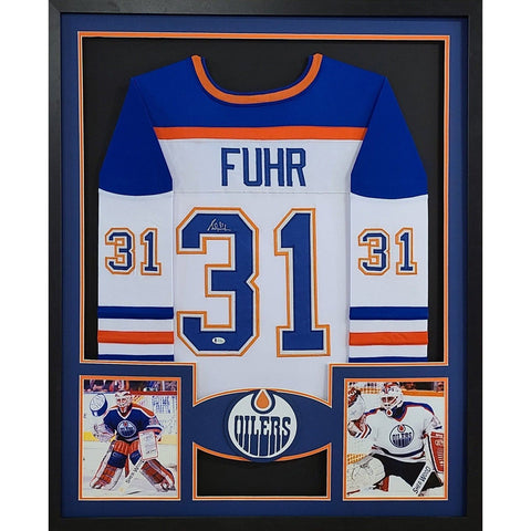 Grant Fuhr Autographed Signed Framed White Edmonton Oilers Jersey BECKETT