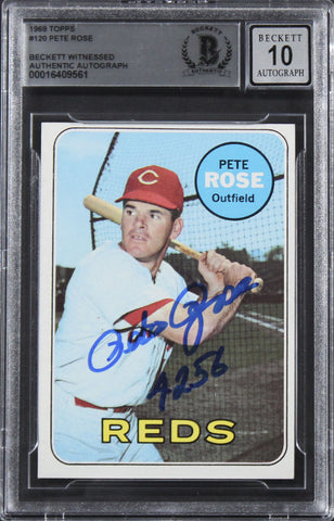 Reds Pete Rose "4256" Authentic Signed 1969 Topps #120 Card Auto 10! BAS Slabbed