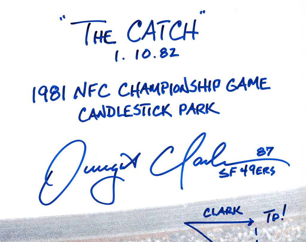 JOE MONTANA & DWIGHT CLARK AUTOGRAPHED 16X20 PHOTO CATCH SKETCH