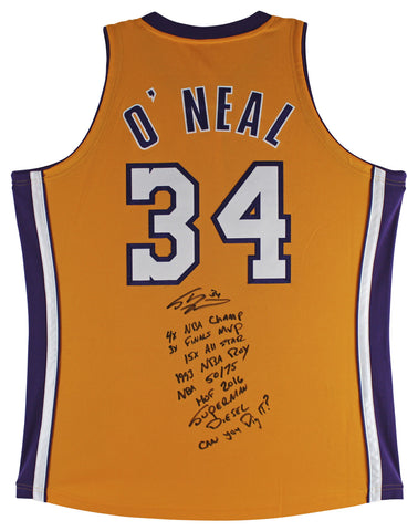 Shaquille O'Neal 9x Inscribed Signed Yellow M&N 99-00 HWC Authentic Jersey BAS 2