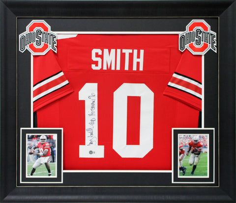 Ohio State Troy Smith "Heisman 06" Signed Red Pro Style Framed Jersey BAS Wit