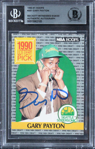 Sonics Gary Payton Authentic Signed 1990 Hoops #391 Rookie Card BAS Slabbed