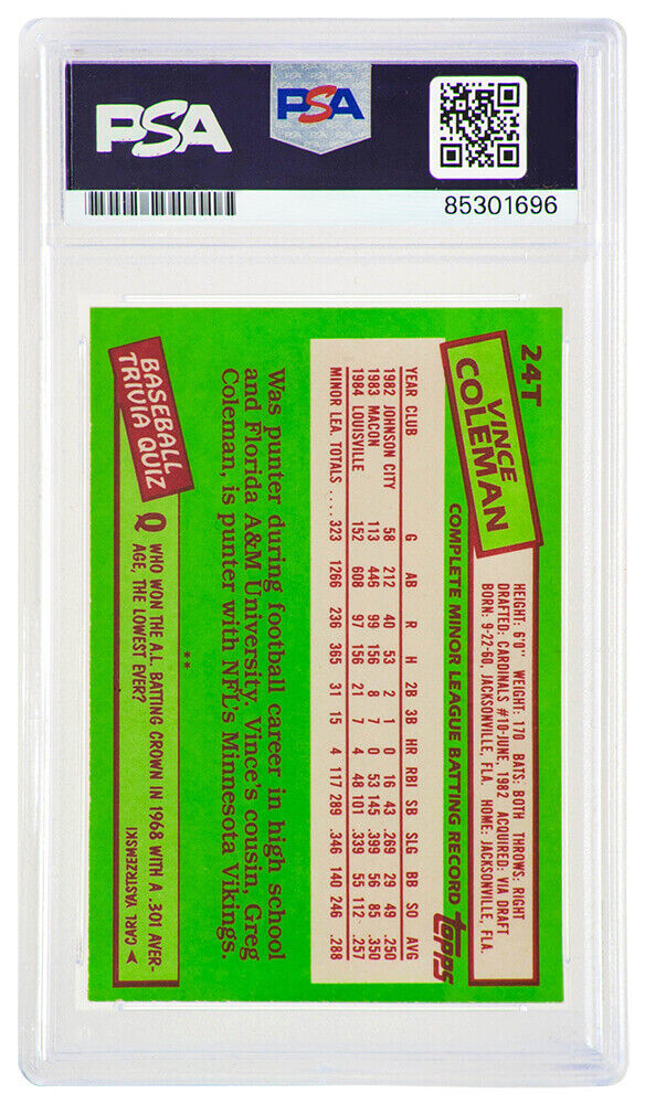 Vince Coleman Signed Cardinals 1985 Topps Traded Rookie Baseball