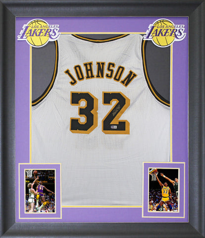 Magic Johnson Authentic Signed White Pro Style Framed Jersey w Black #'s BAS Wit