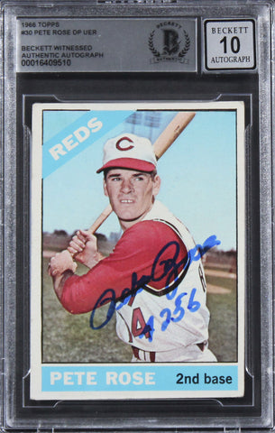 Reds Pete Rose "4256" Signed 1966 Topps #30 Card Auto Graded 10! BAS Slabbed 1