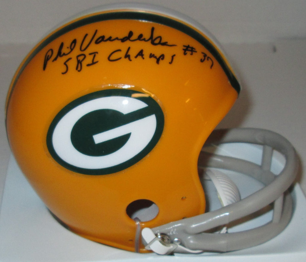 Packers Legend PHIL VANDERSEA Signed 2-Bar Mini Helmet AUTO w/ SB I CH – Super Sports Center Packers Legend PHIL VANDERSEA Signed 2-Bar Mini Helmet AUTO w/ SB I CH – Super Sports Center