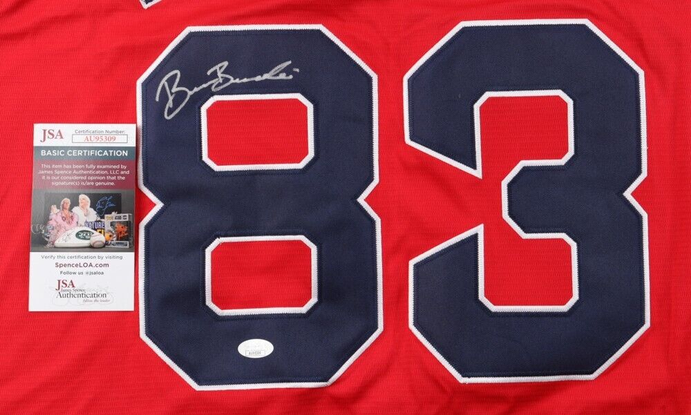 ワシントン大学 ジャリン・ポーク　サイン入りユニフォーム　アメフト Brennan Bernardino Signed Boston Red Sox Nike MLB Jersey (JSA COA