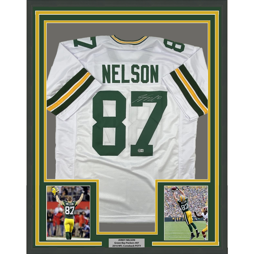 FRAMED Autographed Signed JORDY NELSON 33x42 Green Bay White Football Jersey Bec