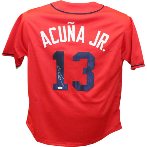Ronald Acuna Autographed/Signed Pro Style Red Jersey JSA 43404
