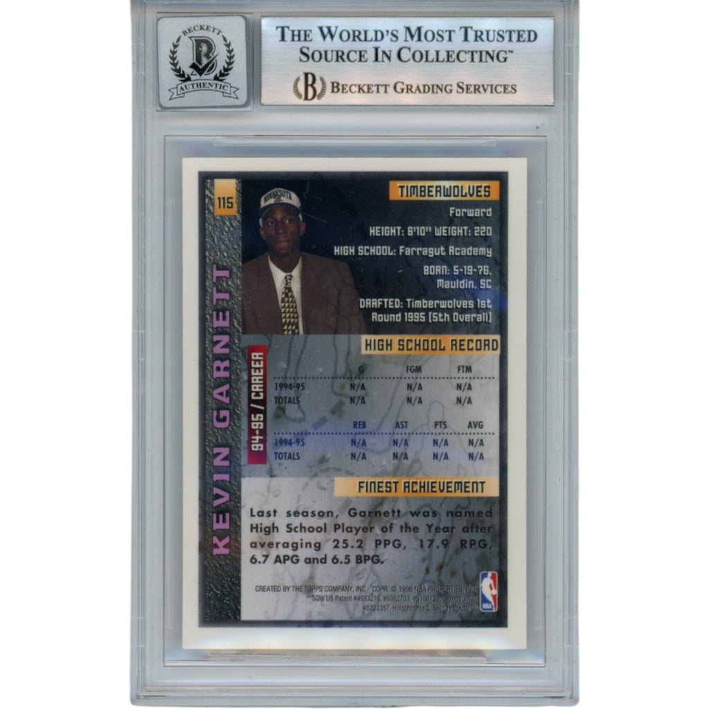 Kevin Garnett Autographed 95-96 Topps Finest #115 Trading Card