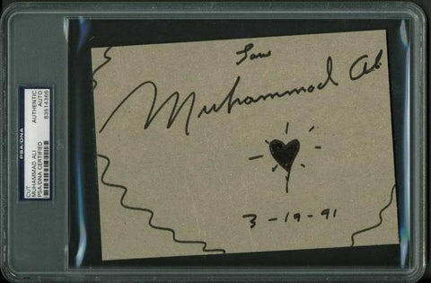 Muhammad Ali '3-19-91' Authentic Signed 5X7 Cut W/ Heart Sketch PSA/DNA Slabbed