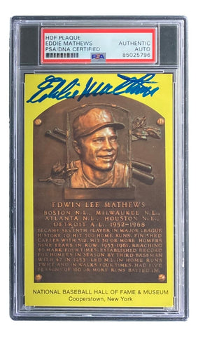 Eddie Mathews Signed 4x6 Milwaukee Braves HOF Plaque Card PSA 85025796