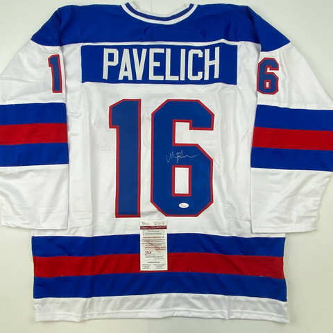 Autographed/Signed Mark Pavelich White Team USA Miracle On Ice 1980 Olympics Hoc