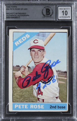 Reds Pete Rose "4256" Signed 1966 Topps #30 Card Auto Graded 10! BAS Slabbed 2