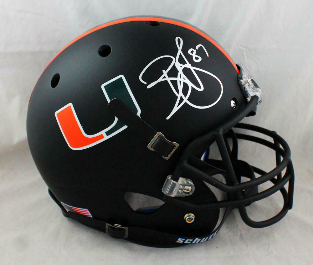black and orange football helmet Reggie Wayne Signed Hurricanes F/S Schutt Matte Black Helmet