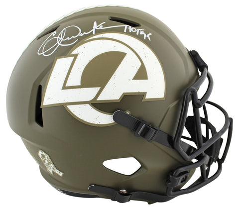 Rams Eric Dickerson "HOF 99" Signed Salute To Service F/S Speed Rep Helmet BAS W