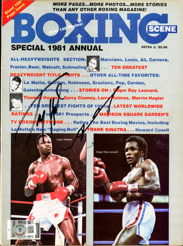 Sugar Ray Leonard & Holmes Autographed Boxing Scene Magazine (Smudged) Beckett