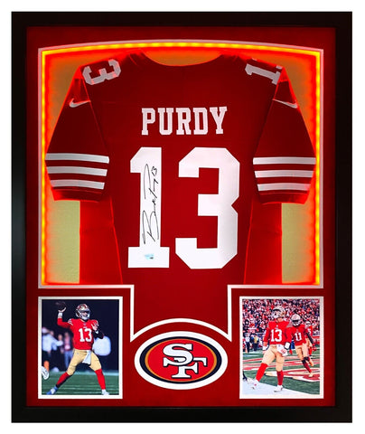 Brock Purdy Autographed 49ers Red Nike Game Jersey Framed LED