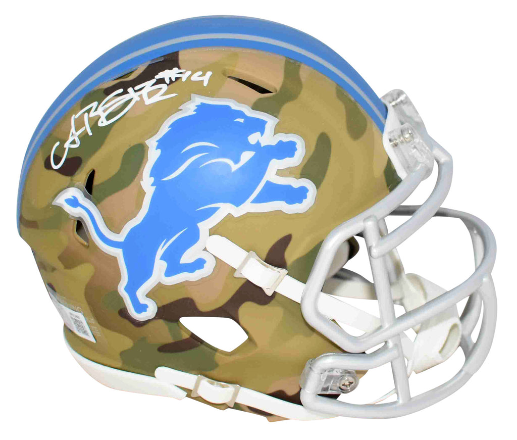 detroit lions football helmet image AMON-RA ST BROWN AUTOGRAPHED SIGNED DETROIT LIONS CAMO SPEED MINI HELM – Super Sports Center