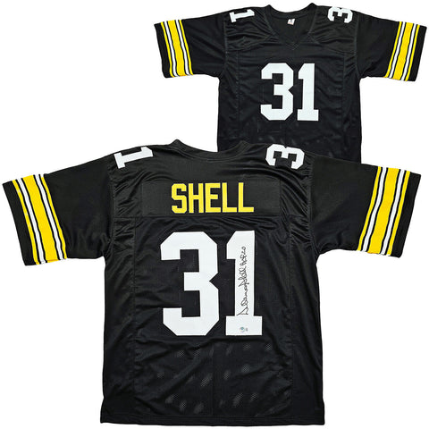 STEELERS DONNIE SHELL AUTOGRAPHED BLACK JERSEY "HOF 20" BECKETT WITNESS 214996