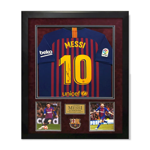 Lionel Messi Signed Autographed Barcelona Jersey Framed to 32x40 Icons COA