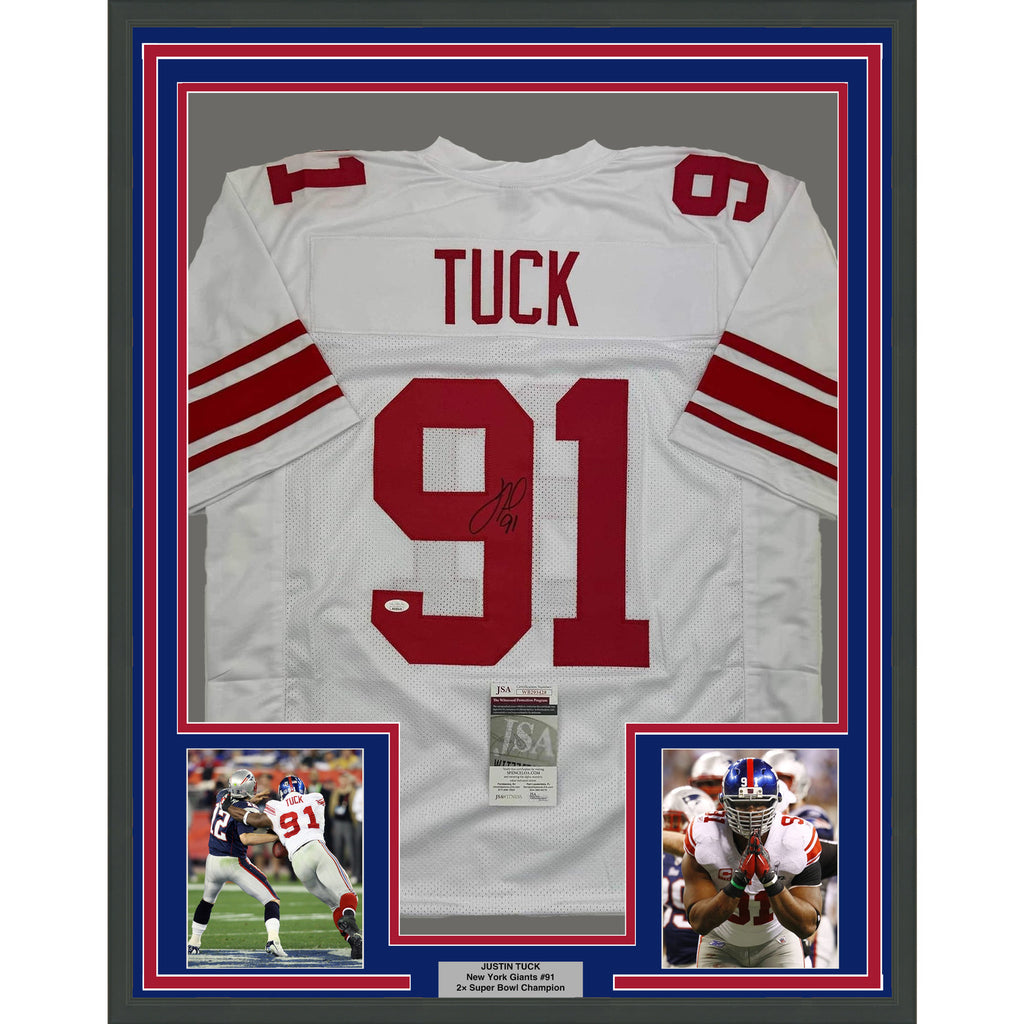 Framed Autographed/Signed Justin Tuck 35x39 New York White Jersey