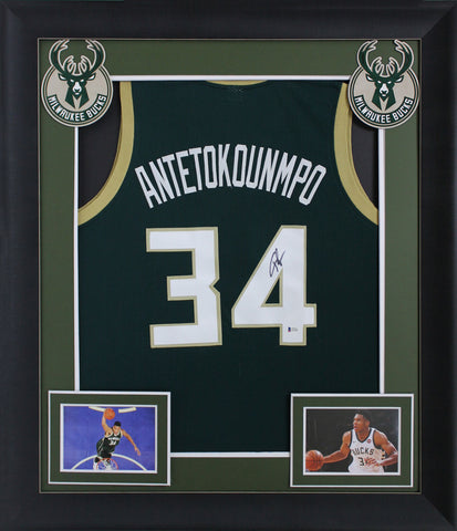 Giannis Antetokounmpo Authentic Signed Green Pro Style Framed Jersey BAS Witness