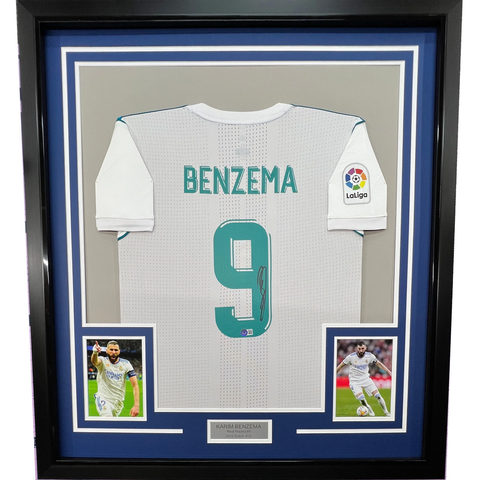 Framed Autographed/Signed Karim Benzema 33x42 2017-18 White Jersey BAS COA