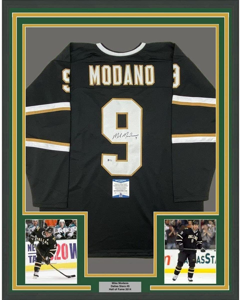 FRAMED Autographed/Signed MIKE MODANO 33x42 Dallas Black Jersey