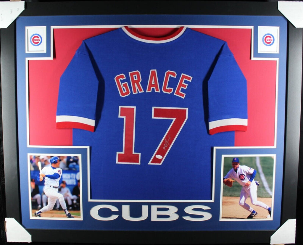 MARK GRACE (Cubs blue SKYLINE) Signed Autographed Framed Jersey