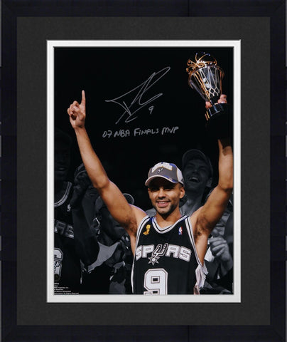 FRMD Tony Parker Spurs Signed 16x20 2007 NBA Finals MVP Trophy Spotlight Photo