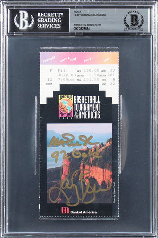 Magic Johnson & Larry Bird "92 Gold" Signed 1992 TOTA Ticket Stub BAS Slabbed 3