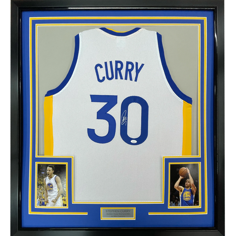 Framed Autographed/Signed Stephen Steph Curry 33x42 White Jersey JSA COA