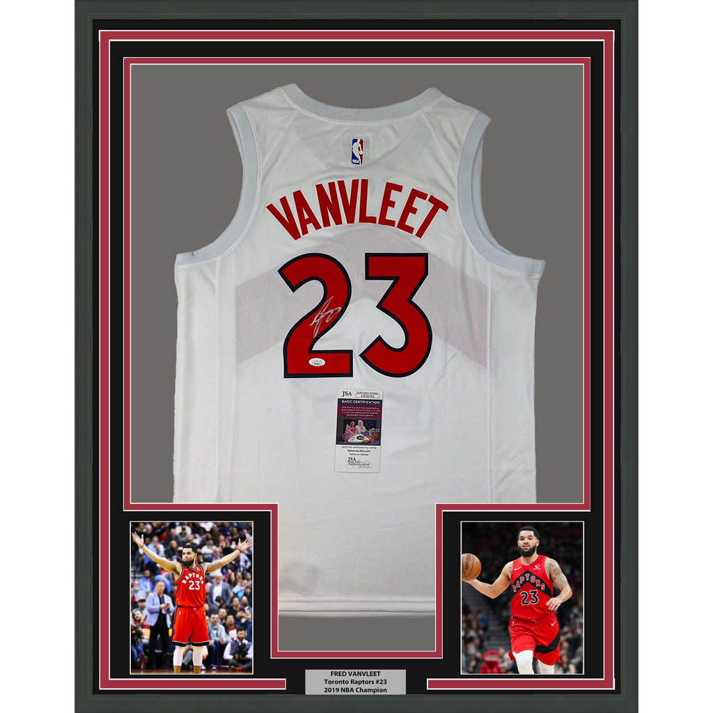 Framed Autographed/Signed Fred VanVleet 33x42 Raptors White Jersey