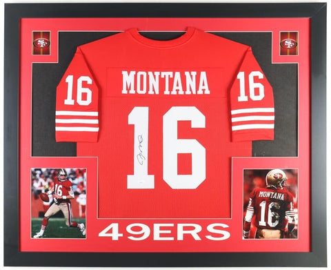 Joe Montana Signed San Francisco 49es 35x43 Framed Jersey (JSA) 3xSuper Bowl MVP