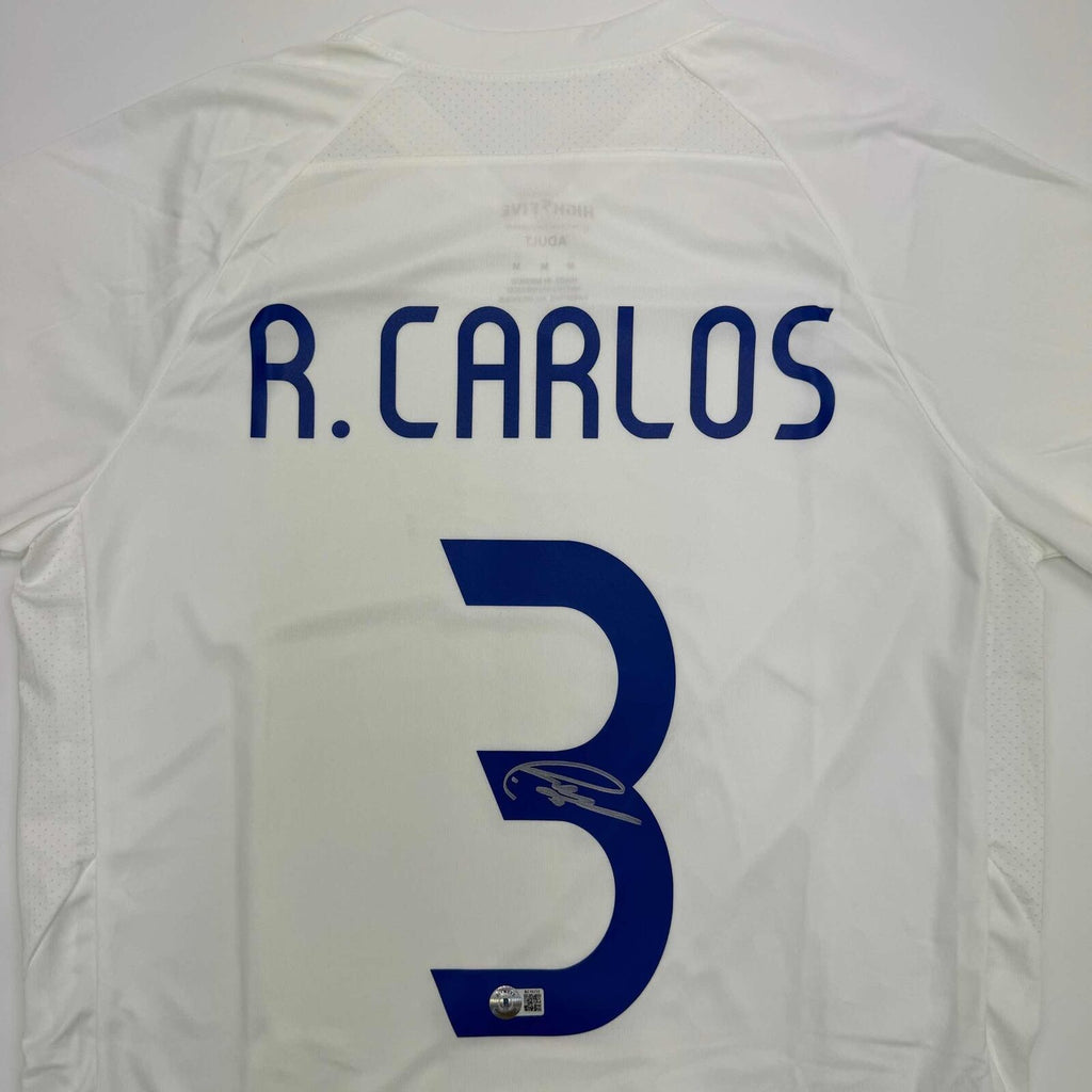 Autographed/Signed Roberto Carlos Real Madrid White Soccer Jersey