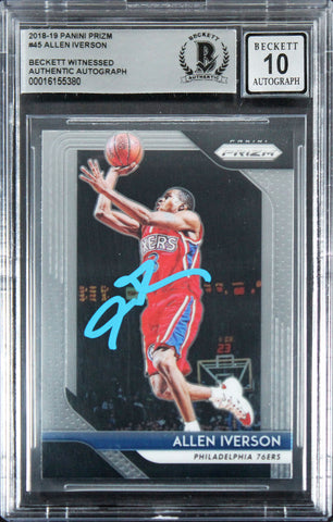 76ers Allen Iverson Signed 2018 Panini Prizm #45 Card Auto 10! BAS Slabbed