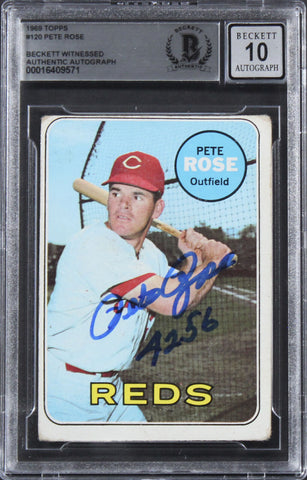 Reds Pete Rose "4256" Signed 1969 Topps #120 Card Auto Graded 10! BAS Slabbed 3
