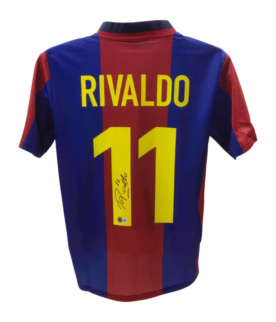 Rivaldo Signed FC Barcelona Home Soccer Jersey #11 with Beckett