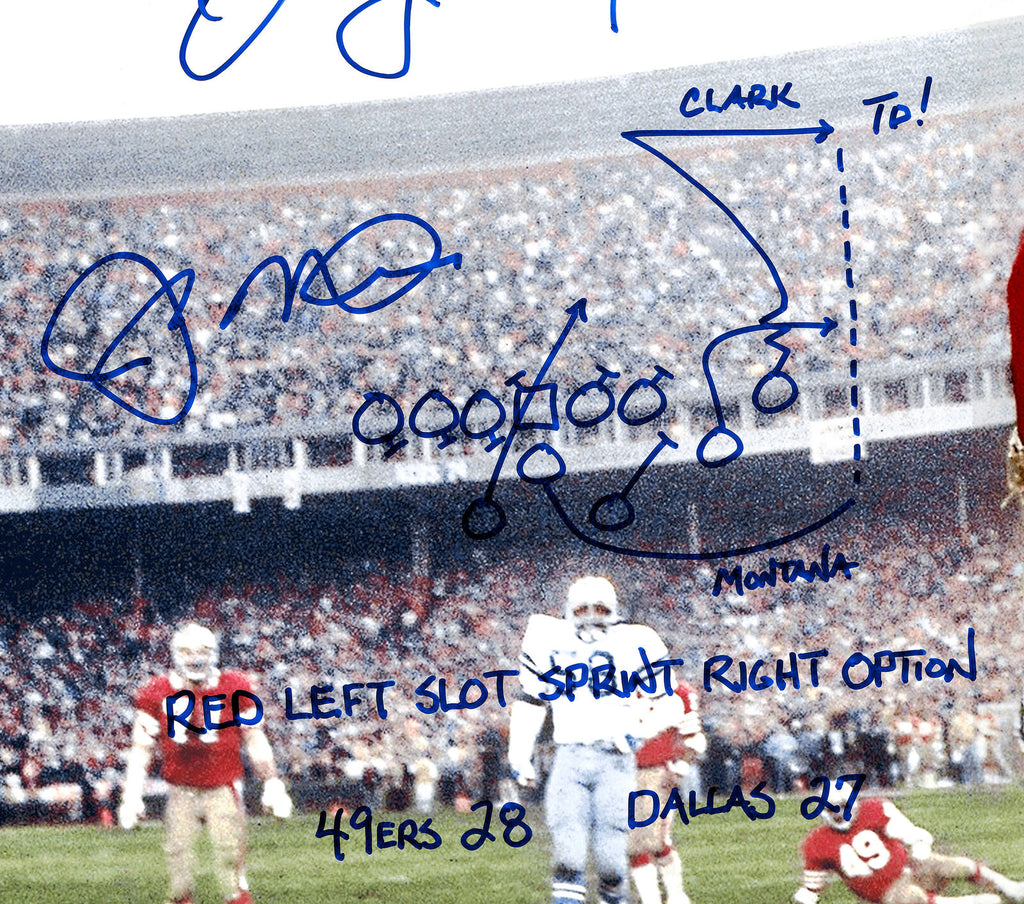 JOE MONTANA & DWIGHT CLARK AUTOGRAPHED 16X20 PHOTO CATCH SKETCH