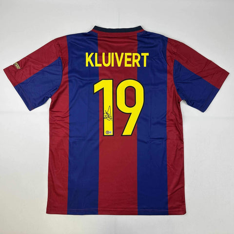 Autographed/Signed Patrick Kluivert FC Barcelona Blue Jersey Beckett BAS COA