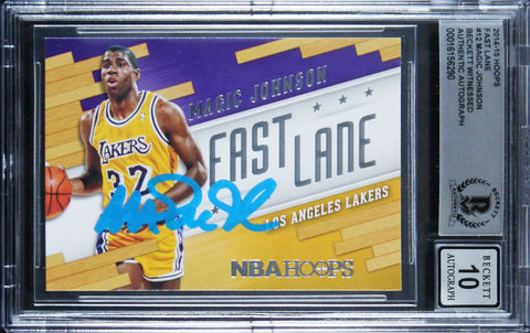 Lakers Magic Johnson Signed 2014 Hoops Fast Lane #12 Card Auto 10! BAS Slabbed