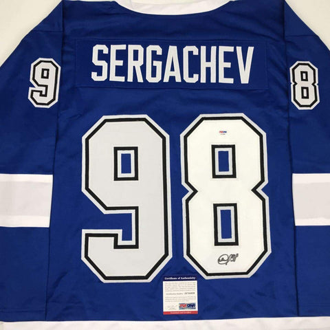 Autographed/Signed Mikhail Sergachev Tampa Bay Blue Hockey Jersey PSA/DNA COA