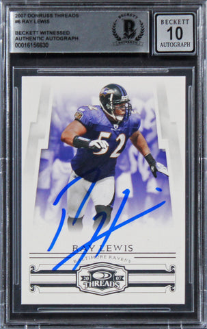 Ravens Ray Lewis Signed 2007 Donruss Threads #6 Card Auto 10! BAS Slabbed