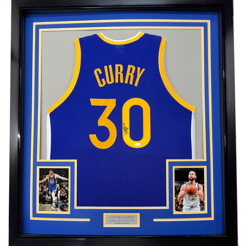 Framed Autographed/Signed Stephen Steph Curry 33x42 Golden State Jersey JSA COA