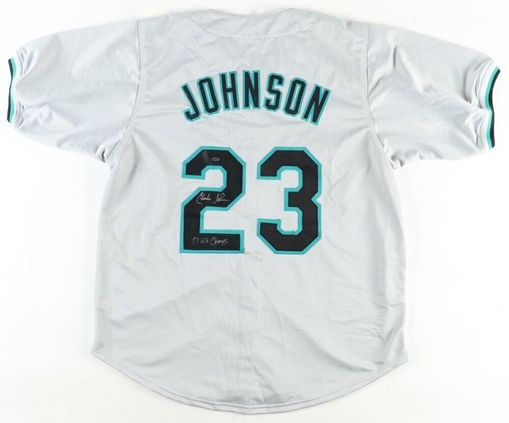 Friendly Confines Charles Johnson Signed Florida Marlins Jersey Incr 97 WS Champs (OKAuthentics)