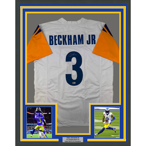 Framed Autographed/Signed Odell Beckham Jr. 33x42 OBJ LA White Jersey BAS COA