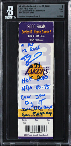 Shaquille O'Neal Signed 2000 NBA Finals Game 6 Ticket Ex-MT 6 Auto 10 BAS Slab 1