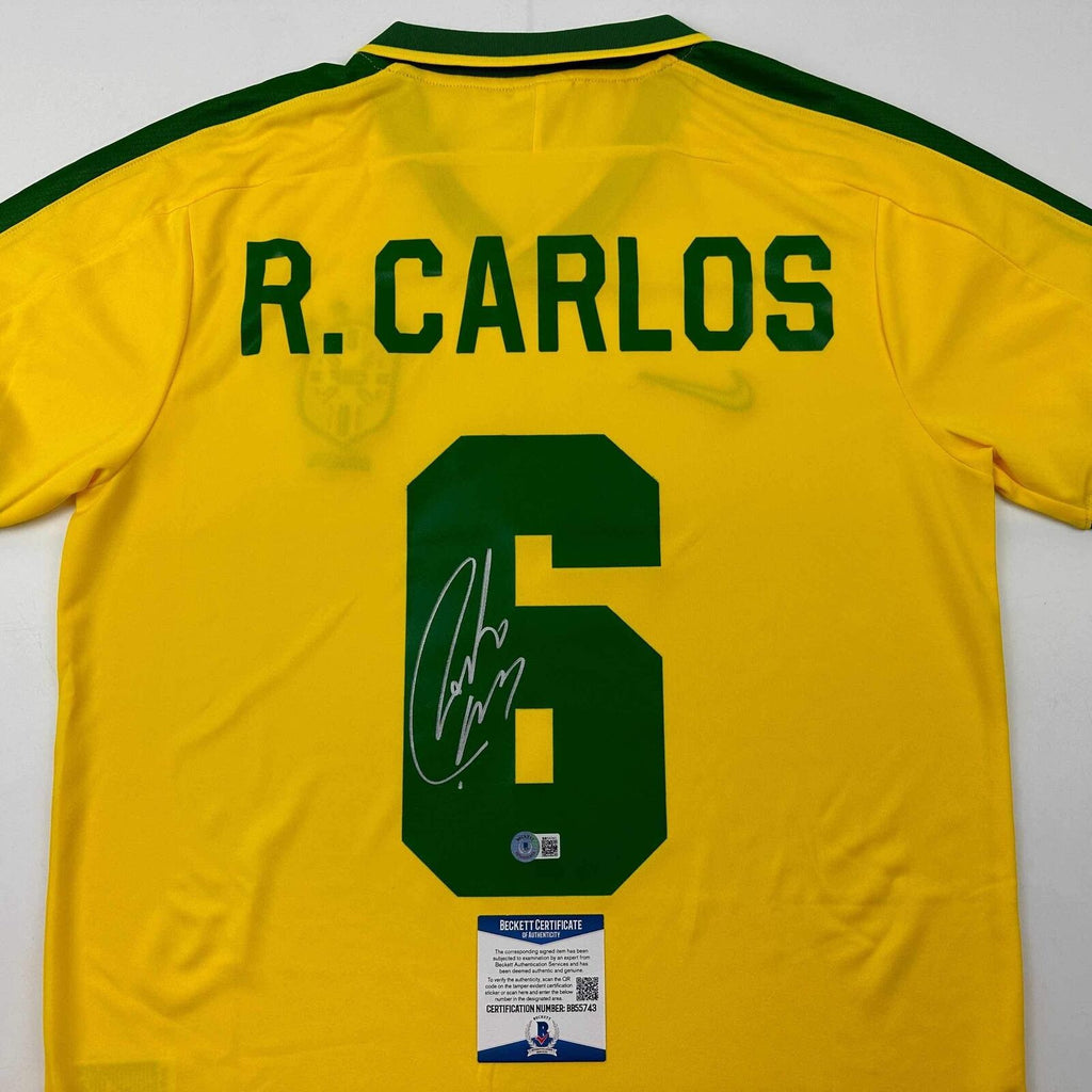 Autographed/Signed Roberto Carlos Brazil Yellow Retro Soccer